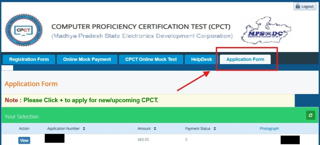 CPCT candidate dashboard with the 'Application Form' tab highlighted.
