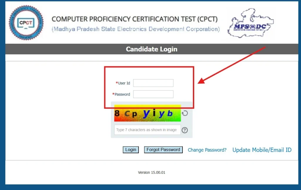 CPCT login page showing the fields for User ID and Password.