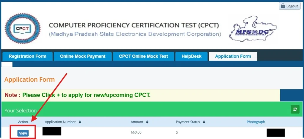 CPCT application list showing the 'Action' button with "View" Is written on it