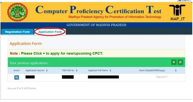 Step 3 for admit card download: Navigating to the 'Application Form' tab and clicking the Action icon.