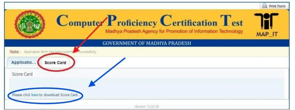 CPCT application view showing the Score Card tab and the final download link.